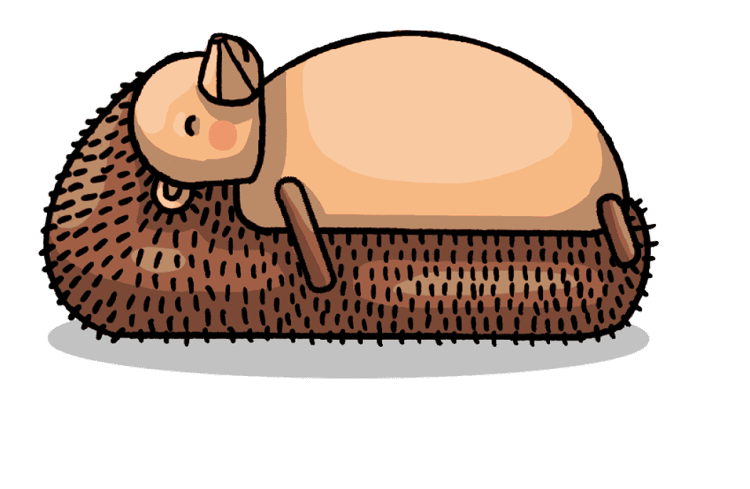 A cartoon hedgehog laying on their back